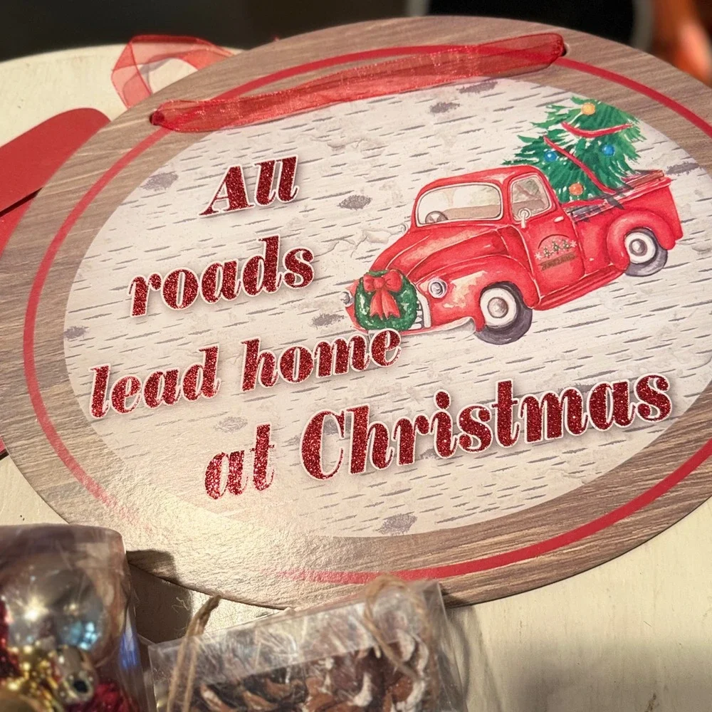 Rustic Red Truck Merry Christmas All Roads‎ Lead Home Sign Ornaments Pinecones